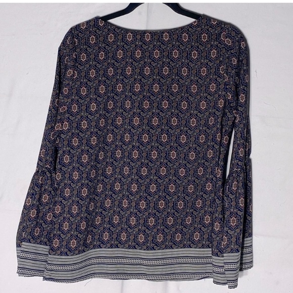 Les Amis Navy Blue Brown Cream Print Long Bell Sleeve Boho Blouse S - Picture 13 of 14
